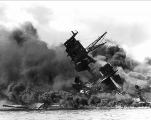 The USS Arizona (BB-39) burning after the Japanese attack on Pearl Harbor, 12/07/1941